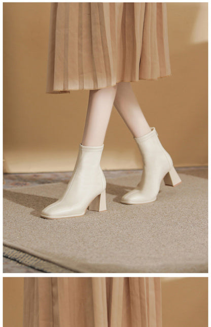 Women's White Martin Boots2024New Spring and Autumn Thick Heel Short Boots British Style Women's Slim Winter Fleece Boots