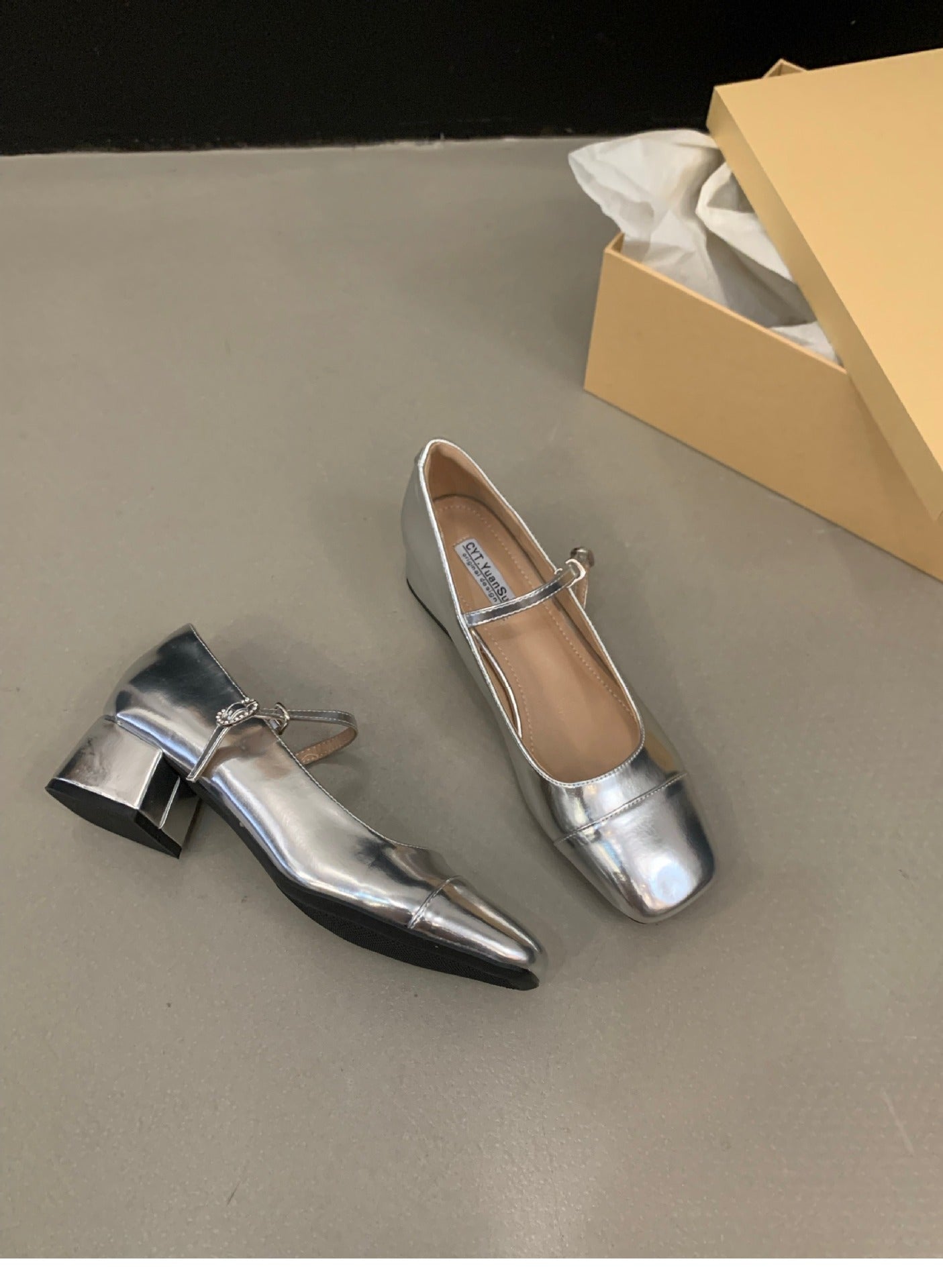 Women's Red Chunky Heel Shoes2023 New Summer Mid-High Heels silver Mary Jane Shoes for Dresses Evening Shoes