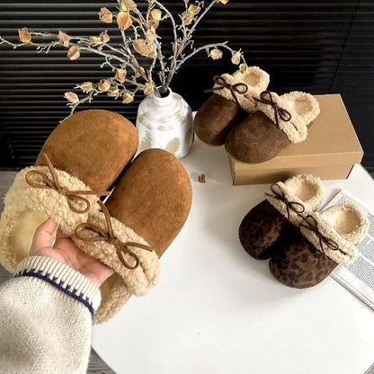 2025New Autumn and Winter Style Elegant Internet Celebrity Bow Cotton Slippers Light Luxury Retro Style Simple Versatile Closed-Toe Slippers