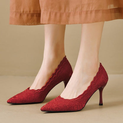 2025Spring and Autumn Lace White Single Shoes Wedding Bride Shoes Women Pointed Toe Thin Heel Hollow Embroidery Mesh High Heels