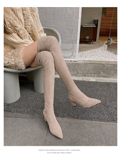 Long Boots for Women, Stretch Long Boots, Pointed Toe High Heel Boots, Over-the-Knee Boots, Suede High Boots, Khaki Color