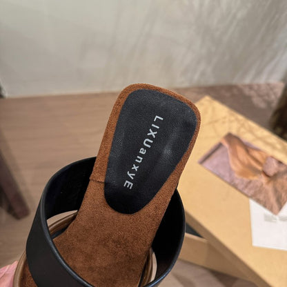 Rubber PU Medium Heel Flat Toe Slippers