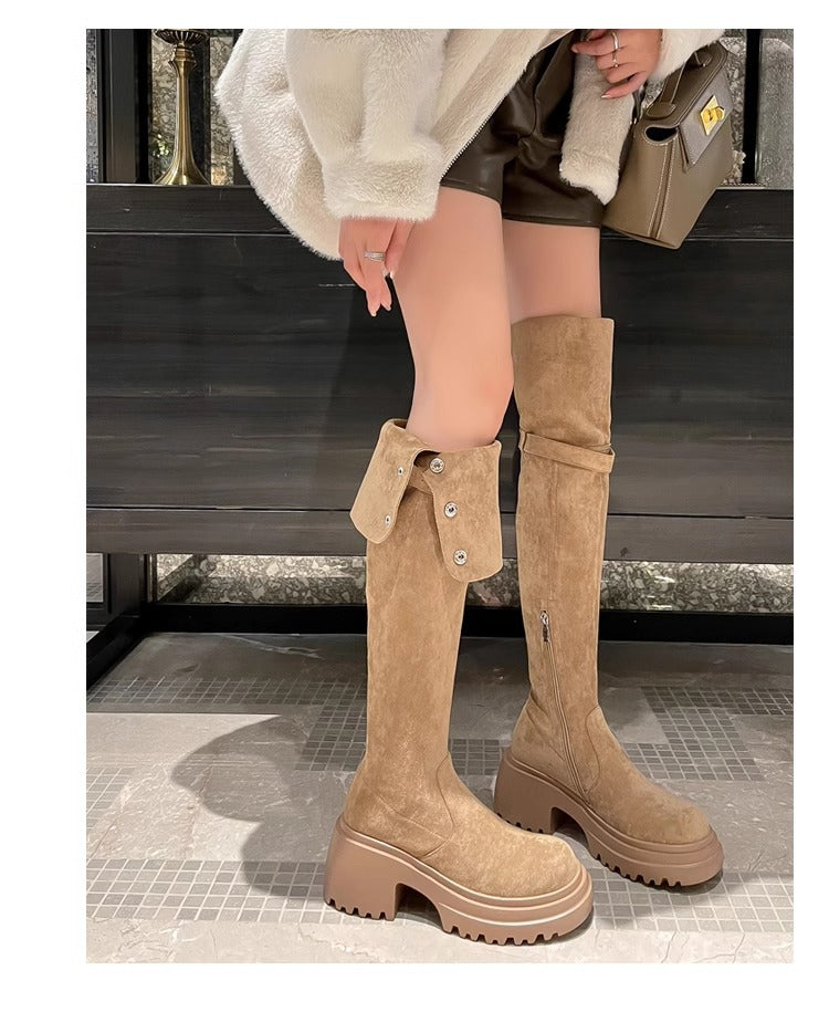 2025New Retro Small Western Boots for Women, Autumn and Winter Fleece-Lined Over-the-Knee Long Boots, Brown Long Boots, Riding Boots