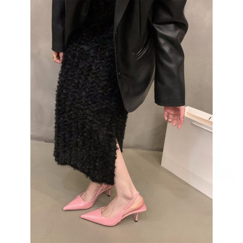 Niche French Style Black High Heels Closed-Toe Sandals Fairy Shoes2025New spring and summer elegant pink single shoes