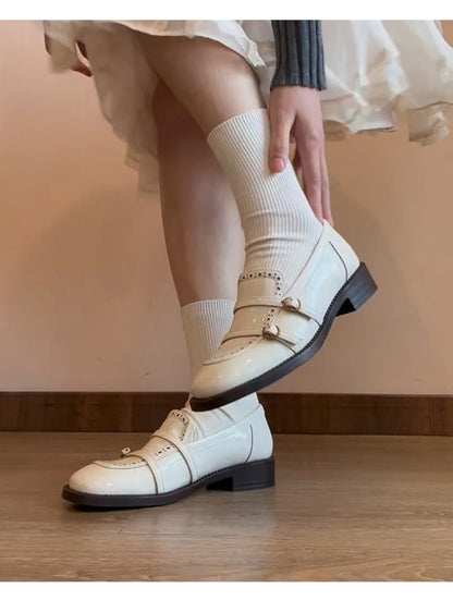 French Style Gentle White Loafers for Women with Belt Buckle Carved Slip-On Low Heel Shoes