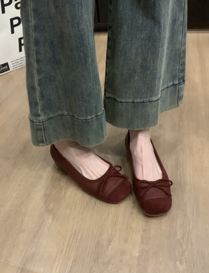 Women's French Style Shoes with Hidden Wedge2025Spring and Autumn New Suede Bowknot Slip-On Light Mouth Apricot Evening Shoes
