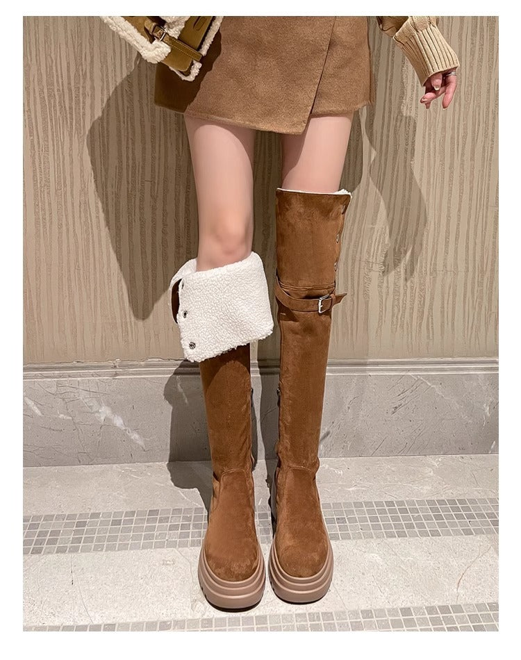 2025New Retro Small Western Boots for Women, Autumn and Winter Fleece-Lined Over-the-Knee Long Boots, Brown Long Boots, Riding Boots