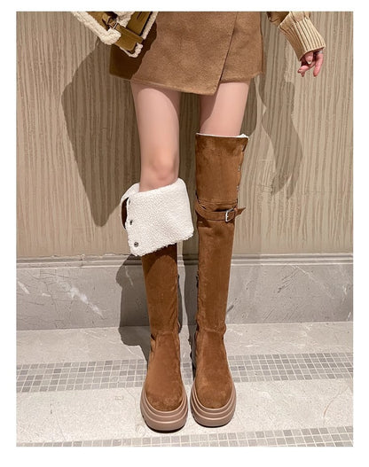 2025New Retro Small Western Boots for Women, Autumn and Winter Fleece-Lined Over-the-Knee Long Boots, Brown Long Boots, Riding Boots