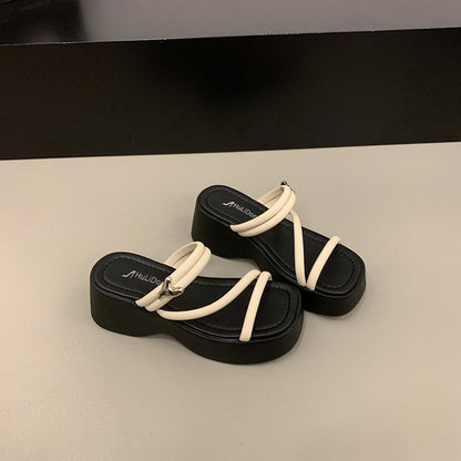 Solid Color Platform Sole Slippers PU Rubber mid-heel(3-5cm)