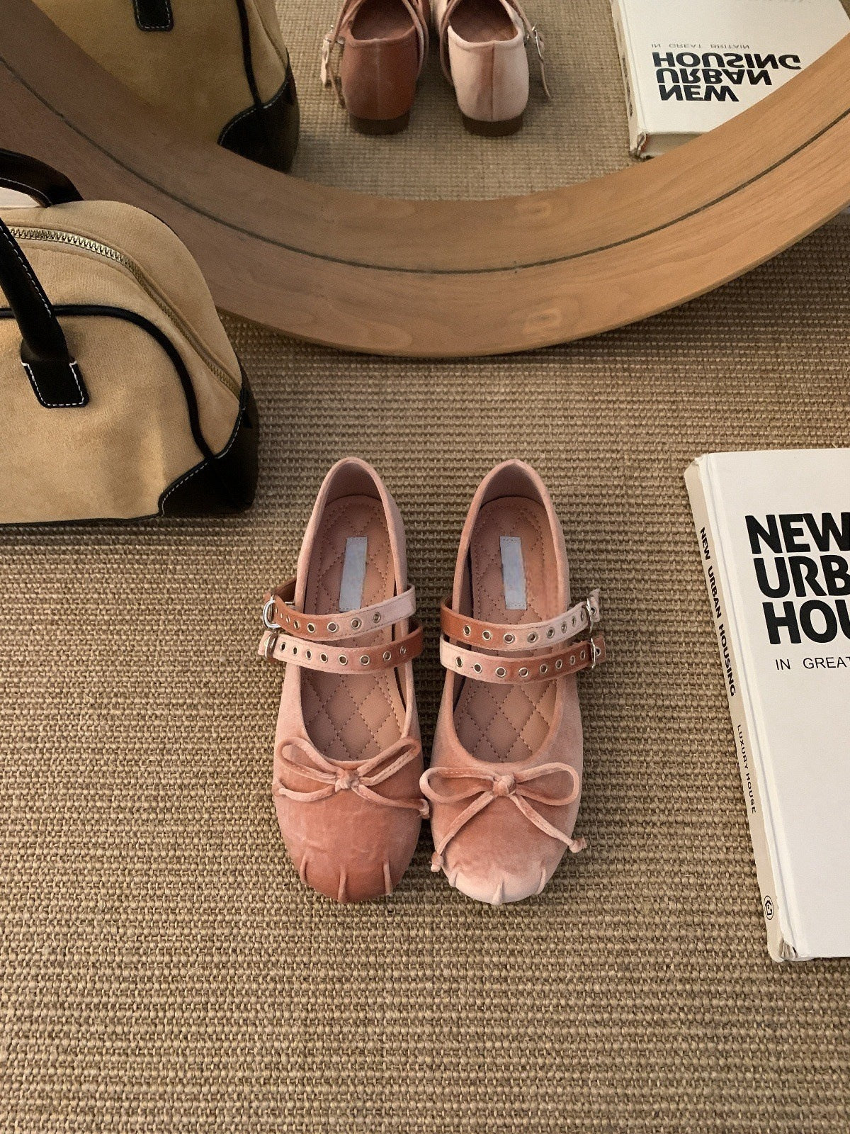 Soft Sole Version~Gentle Evening Breeze Gray One-Strap Mary Jane Shoes for Women Spring and Autumn Ballet Flats Flat Granny Shoes