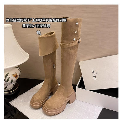 2025New Retro Small Western Boots for Women, Autumn and Winter Fleece-Lined Over-the-Knee Long Boots, Brown Long Boots, Riding Boots
