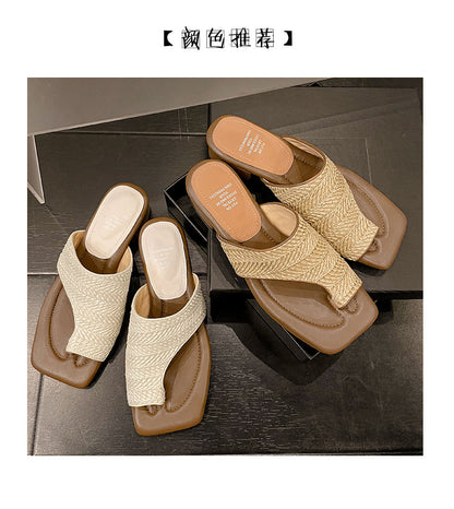 French Retro Vacation Style Woven Toe Clip Sandals for Women Summer Niche Design Chunky Heel Sandals