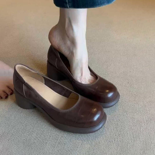 Vintage Shallow Mouth Single Shoes for Women, Round Toe, Chunky Heel, Slip-On Mary Jane Shoes, British Style Small Leather Shoes
