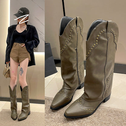 2025New Autumn Retro Pointed Toe Bootcut Boots Mid-Calf Boots for Women Hot Girl Boots Bootcut Boots Spring Autumn Winter Martin Boots