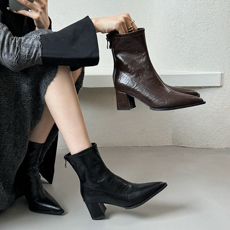 Pointed Toe Short Boots for Women2024New Autumn Winter Women's Boots Niche Slim Boots Design Sense Chunky Heel High Heel Short Boots
