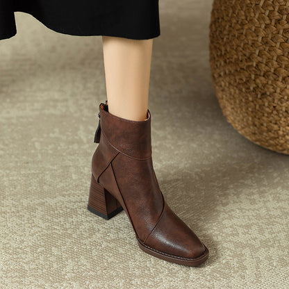 Women's Chunky Heel Ankle Boots2024New High Heel Winter Brown Slim Boots British Style Retro Martin Boots