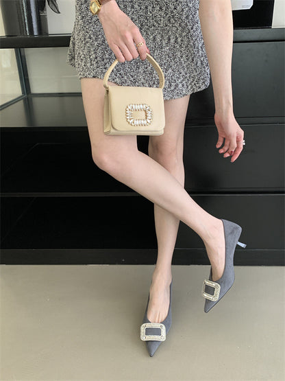 French pointed toe high heels stiletto single shoes for women2025Spring and Autumn New Style Cat Heel Elegant Rhinestone Black Work Shoes