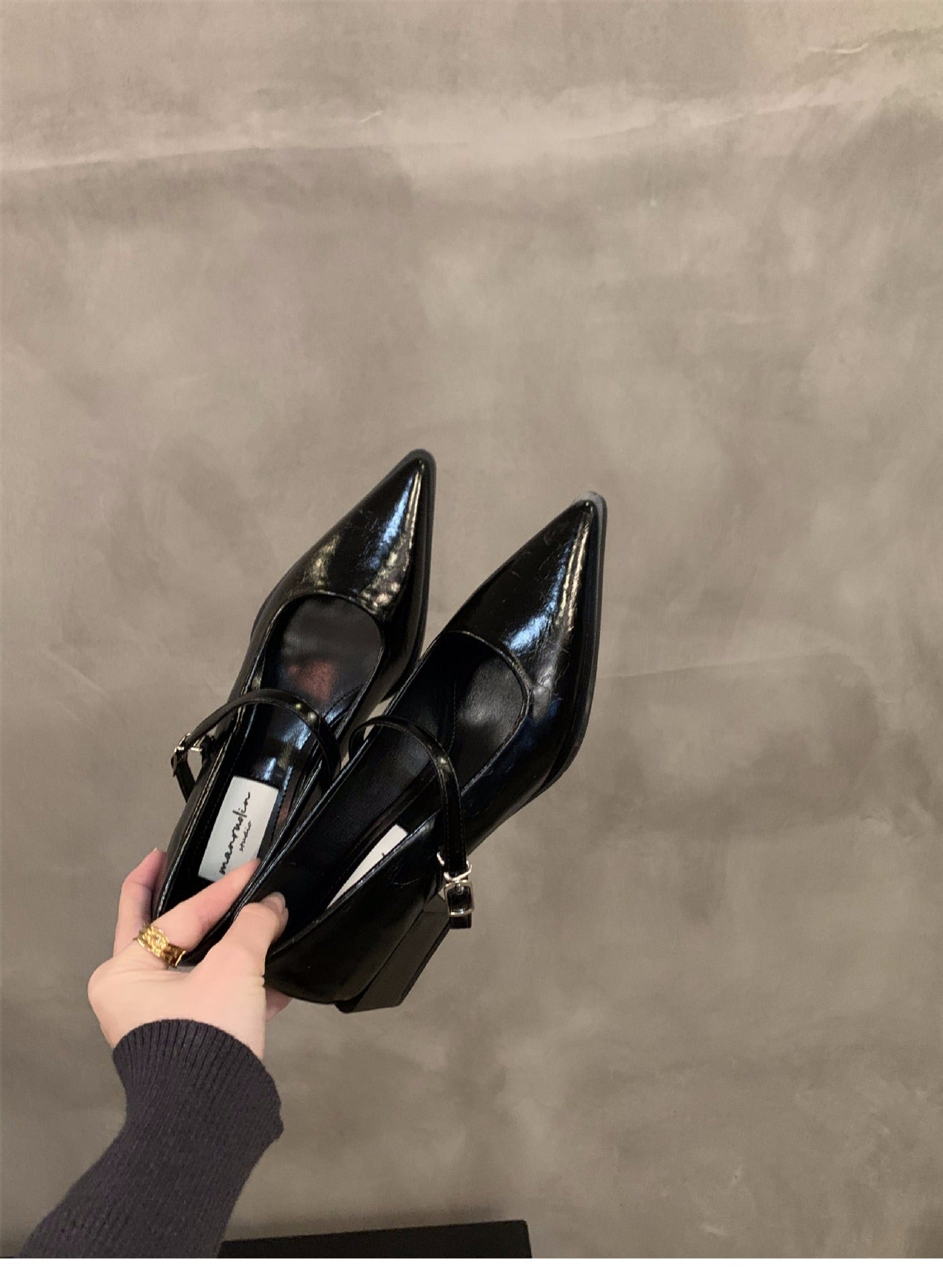 French style mid-high heel black pointed toe women's shoes2024New Spring Autumn Winter Mary Jane Evening Shoes