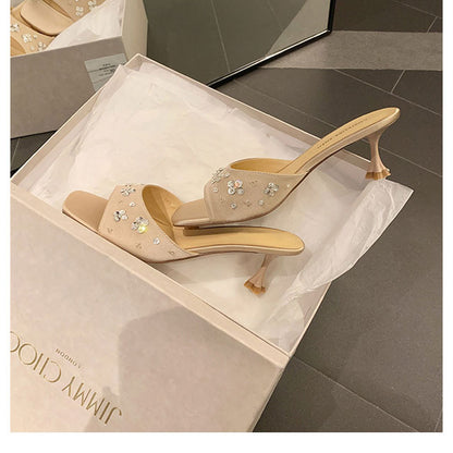 French Style Square Toe One Strap High Heels Petal Rhinestone Satin Kitten Heel Sandals for Women Summer Outdoor Wear