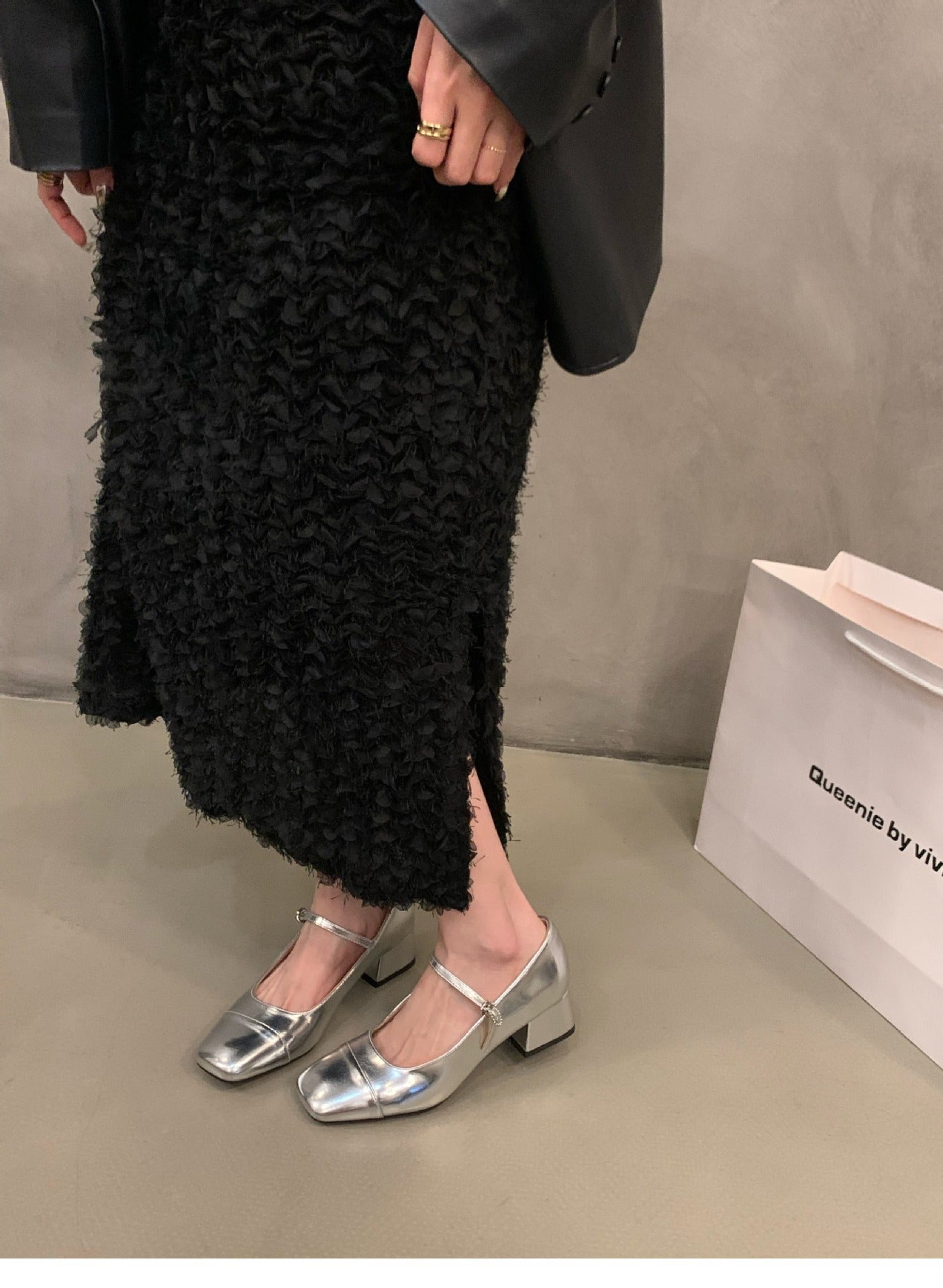 Women's Red Chunky Heel Shoes2023 New Summer Mid-High Heels silver Mary Jane Shoes for Dresses Evening Shoes
