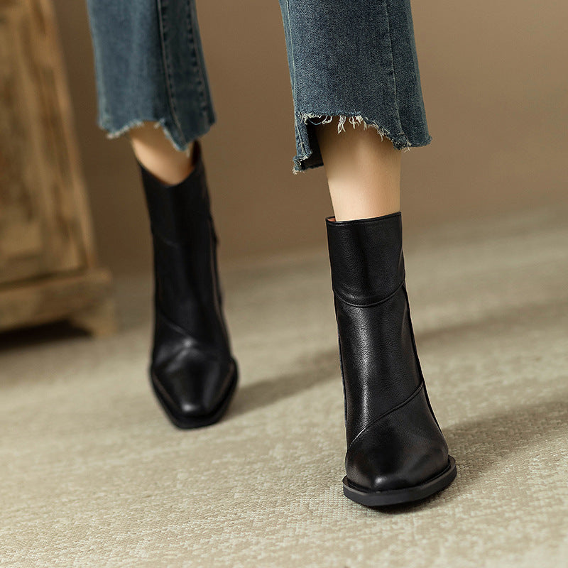 Women's Chunky Heel Ankle Boots2024New High Heel Winter Brown Slim Boots British Style Retro Martin Boots