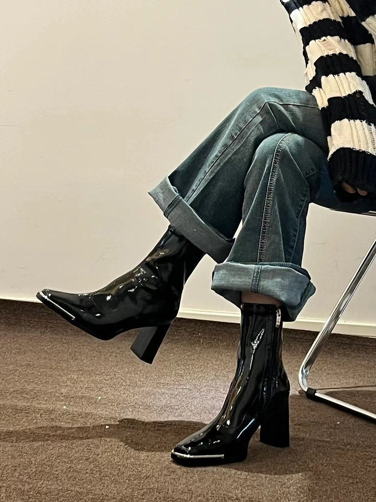 Kendall Jenner Style Short Boots for Women2023New Autumn Winter Square Toe Patent Leather Chunky Heel Short Slimming High Heel Boots
