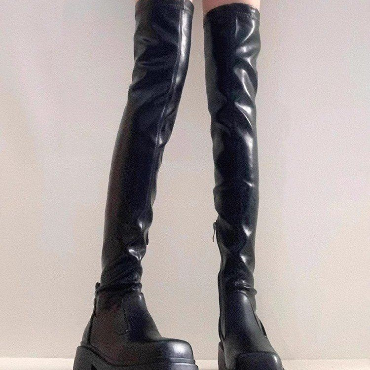 Over-the-Knee Long Boots for Women, French Style High Boots, Leg-Wrapping Elastic Slim Boots, Thick-Soled Leather Boots, Riding Boots
