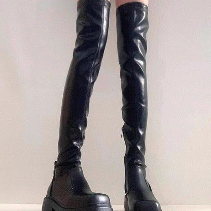 Over-the-Knee Long Boots for Women, French Style High Boots, Leg-Wrapping Elastic Slim Boots, Thick-Soled Leather Boots, Riding Boots
