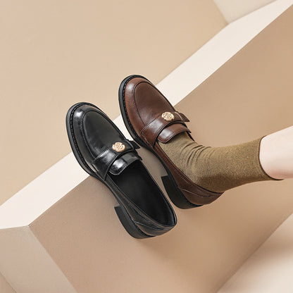 Left Bank Paris～！Chunky Heel British Style Gold Buckle Loafers for Women, Patent Leather Black Single Shoes