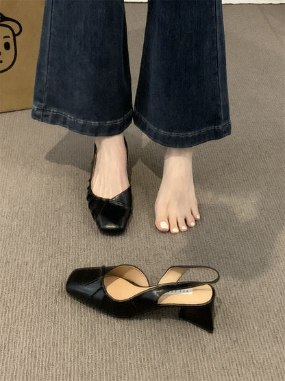 2024Spring Summer New High Heel Closed Toe Backless Sandals Women's Shoes Chunky Heel Shallow Mouth French Gentle Style Single Shoes Women's Shoes