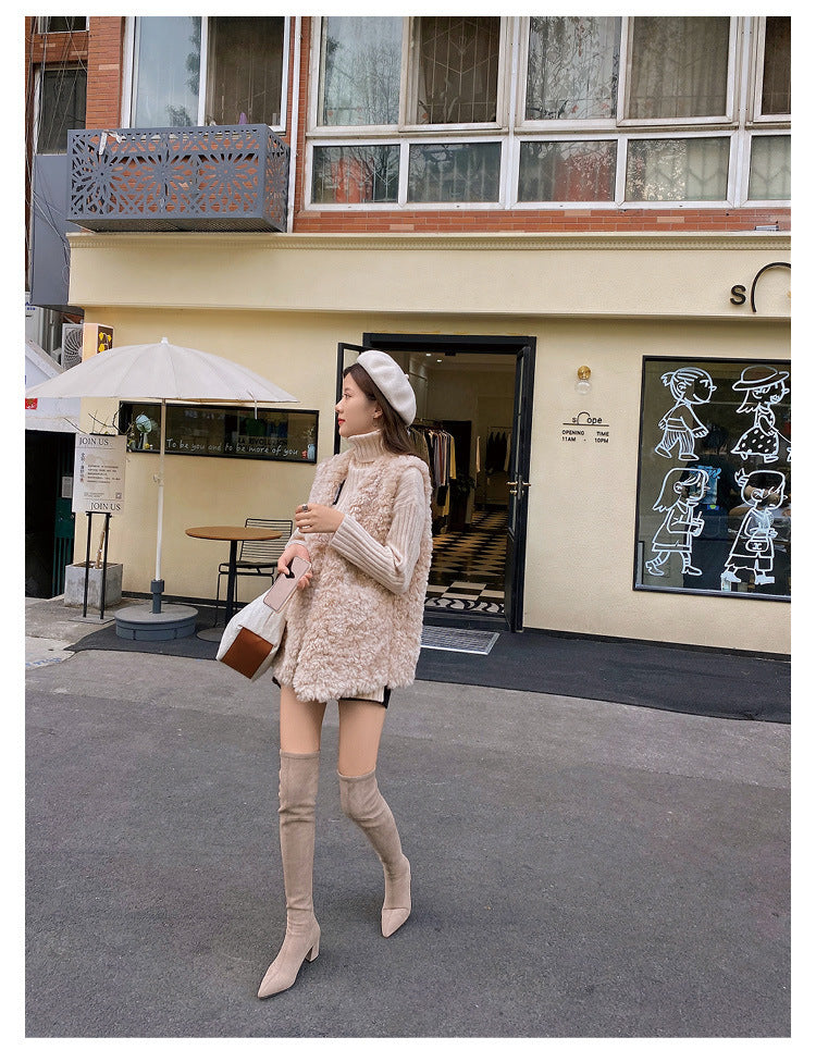 Long Boots for Women, Stretch Long Boots, Pointed Toe High Heel Boots, Over-the-Knee Boots, Suede High Boots, Khaki Color