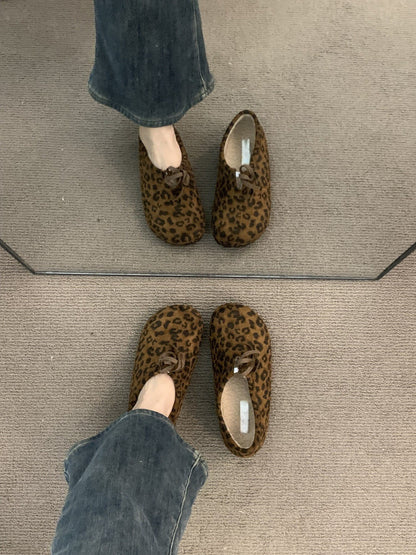 Late Night Breeze Height Increasing Thick Sole Leopard Print Fleece Lined Birkenstock Shoes for Outdoor Wear Autumn Winter Slip-On Ugly Cute Deep Mouth Beanie Cotton Shoes