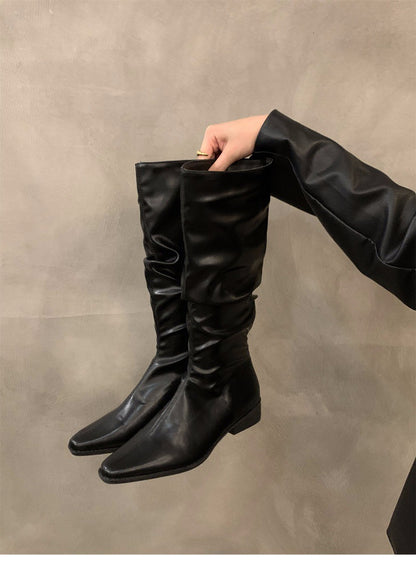Chunky Heel Ruched Slouchy Long Tube Riding Boots for Women2024New Spring and Autumn Western Slim Mid-Calf Long Boots