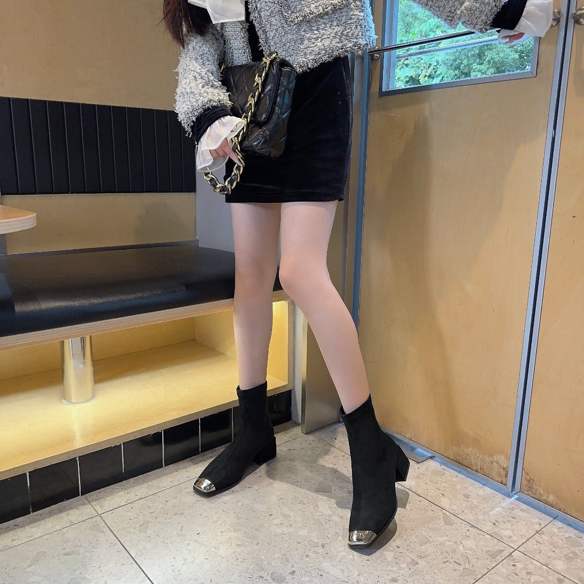 Women's Suede Ankle Boots2024Autumn New Fashionable Chunky Heel Metal Square Toe Mid-Heel Stretch Slim Sock Boots