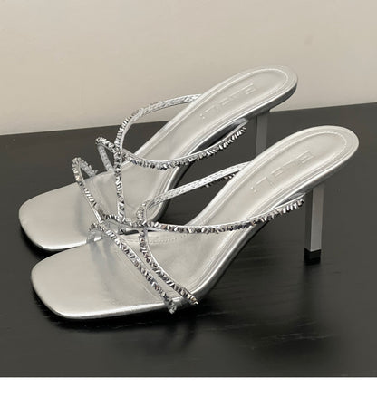 Cool and sophisticated！silver Rhinestone Sandals for Women2025Summer new fashion sexy mules high heel sandals