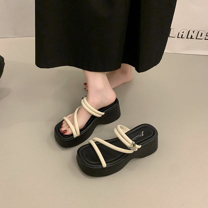 Solid Color Platform Sole Slippers PU Rubber mid-heel(3-5cm)