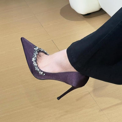 Purple high heels for women with thin heels and pointed toes, decorated with rhinestones V Elegant Socialite Style French Single Shoes2024Winter New