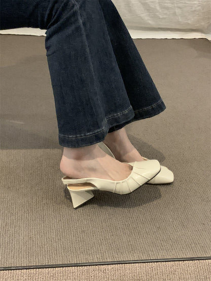 2024Spring Summer New High Heel Closed Toe Backless Sandals Women's Shoes Chunky Heel Shallow Mouth French Gentle Style Single Shoes Women's Shoes