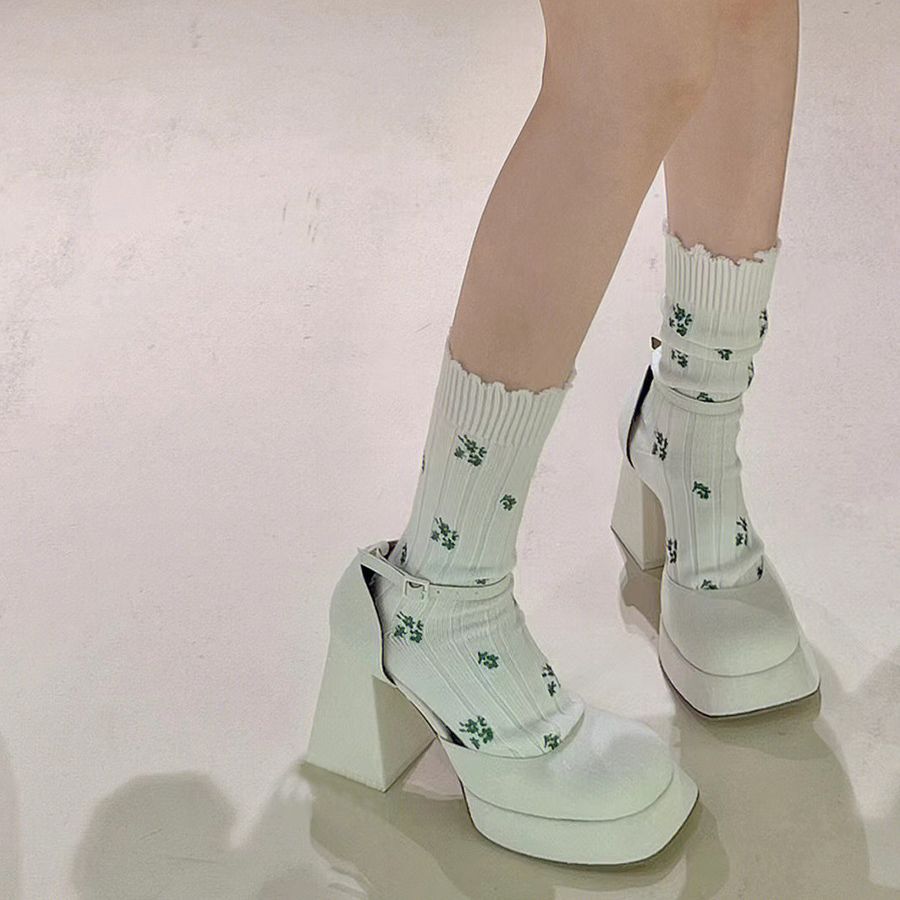 Yu Shuxin Style White High Heels Chunky Heel Petite Vintage Shoes Waterproof Platform Mary Jane Shoes