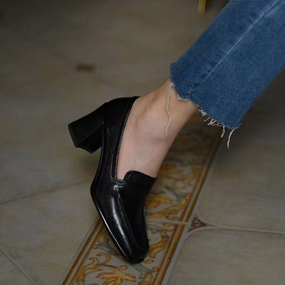 Women's Autumn Chunky High Heels2023New Black British Style Loafers Elegant Square Toe Single Shoes