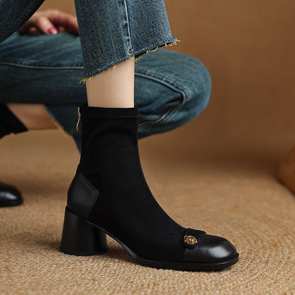 Patchwork Suede Camellia High Heel Chunky Heel Short Boots for Women Stretch Slim Boots Plus Size