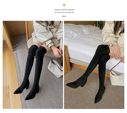 Long Boots for Women, Stretch Long Boots, Pointed Toe High Heel Boots, Over-the-Knee Boots, Suede High Boots, Khaki Color