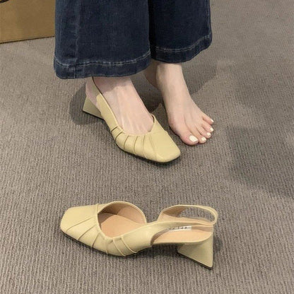 2024Spring Summer New High Heel Closed Toe Backless Sandals Women's Shoes Chunky Heel Shallow Mouth French Gentle Style Single Shoes Women's Shoes