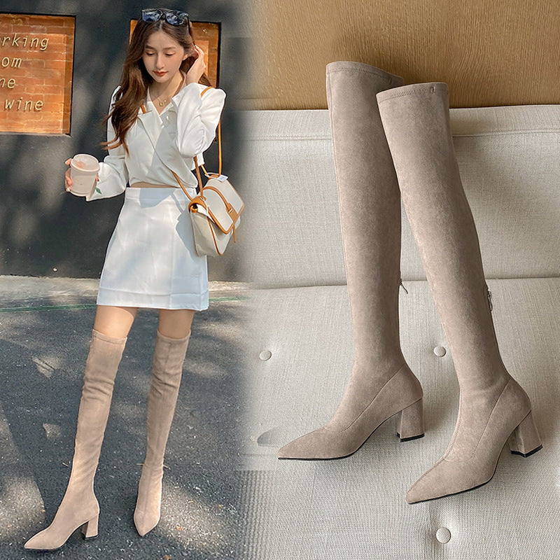 Long Boots for Women, Stretch Long Boots, Pointed Toe High Heel Boots, Over-the-Knee Boots, Suede High Boots, Khaki Color