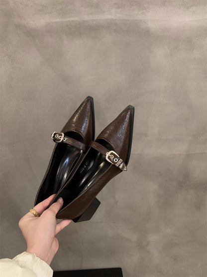 French Style Mary Jane Leather Shoes for Women2024New Spring Autumn Winter Black Pointed High Heels Single Shoes