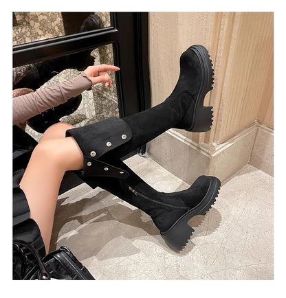 2025New Retro Small Western Boots for Women, Autumn and Winter Fleece-Lined Over-the-Knee Long Boots, Brown Long Boots, Riding Boots