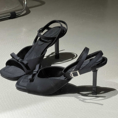 Ankle Strap silver Satin Bow High Heel Sandals Thin Heel Open Toe Women's Sandals Elegant