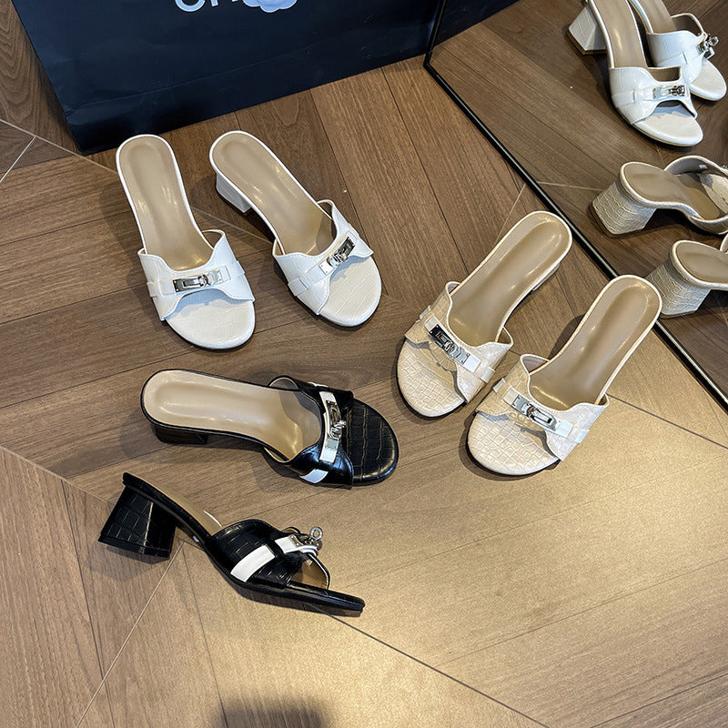 Small Gold Buckle Crocodile Pattern Korean Style One-Strap High Heel Slippers for Women Summer Soft Sole Beach Mid-Heel Sandals for Outdoor Wear