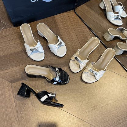 Small Gold Buckle Crocodile Pattern Korean Style One-Strap High Heel Slippers for Women Summer Soft Sole Beach Mid-Heel Sandals for Outdoor Wear