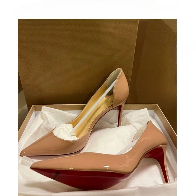 Nude High Heels Women2024Autumn New Red Sole Side Hollow Pointed Toe Sexy Versatile Professional Stiletto Heels